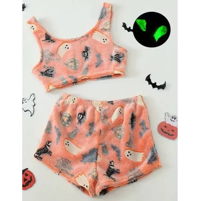 Women Halloween Pajamas - Luminous Flannel Sleepwear for Cozy Nights - Luminous Orange / L