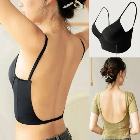 Women Invisible Bra - Deep U Plunge Backless Push-Up Top with Transparent Strap