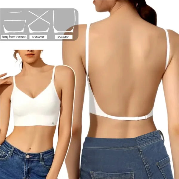 Women Invisible Bra - Deep U Plunge Backless Push-Up Top with Transparent Strap - White / One Size / M for Cup AB