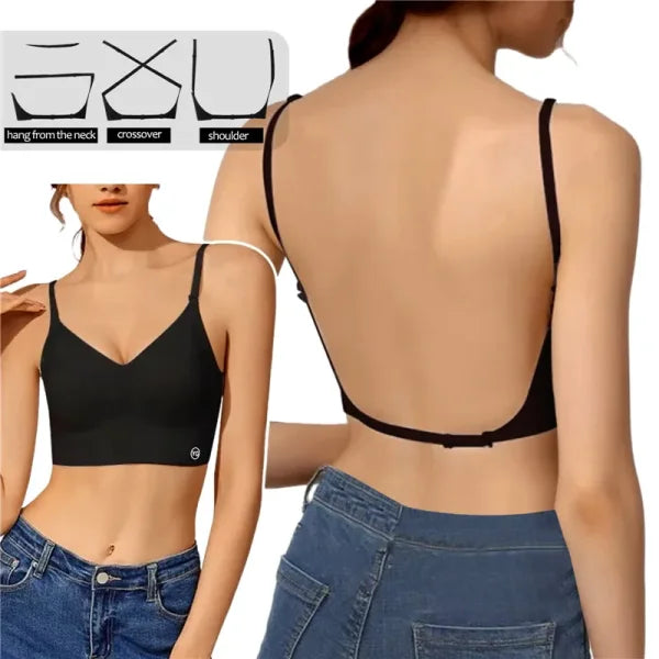 Women Invisible Bra - Deep U Plunge Backless Push-Up Top with Transparent Strap - Black / One Size / L for Cup AB