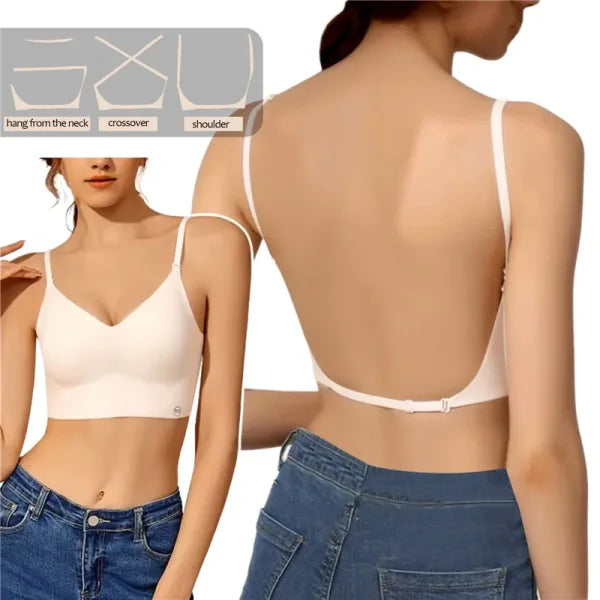 Women Invisible Bra - Deep U Plunge Backless Push-Up Top with Transparent Strap - Beige / One Size / L for Cup AB
