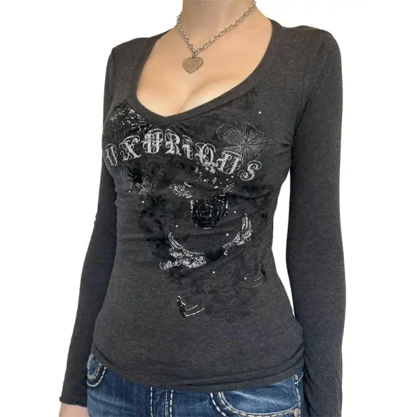 Women’s Y2K Gothic Graphic T-Shirt - Long Sleeve Punk Grunge Aesthetic Top for Spring & Fall