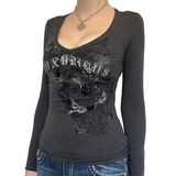 Women’s Y2K Gothic Graphic T-Shirt - Long Sleeve Punk Grunge Aesthetic Top for Spring & Fall