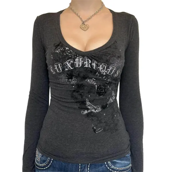 Women’s Y2K Gothic Graphic T-Shirt - Long Sleeve Punk Grunge Aesthetic Top for Spring & Fall