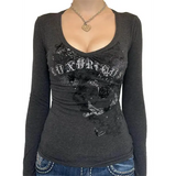 Women’s Y2K Gothic Graphic T-Shirt - Long Sleeve Punk Grunge Aesthetic Top for Spring & Fall