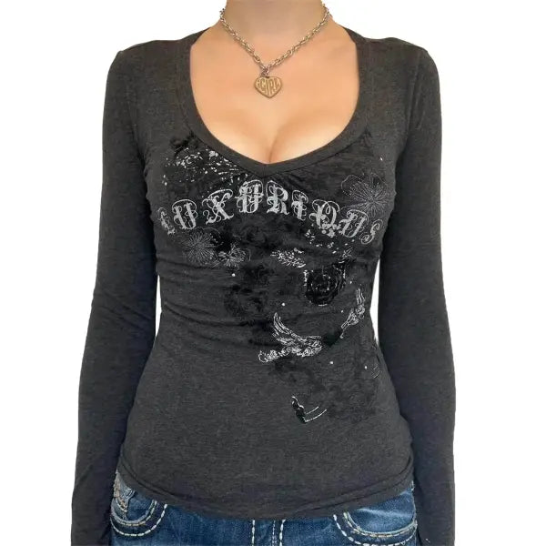 Women’s Y2K Gothic Graphic T-Shirt - Long Sleeve Punk Grunge Aesthetic Top for Spring & Fall - black / XL