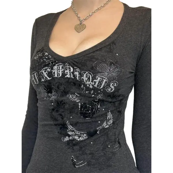 Women’s Y2K Gothic Graphic T-Shirt - Long Sleeve Punk Grunge Aesthetic Top for Spring & Fall