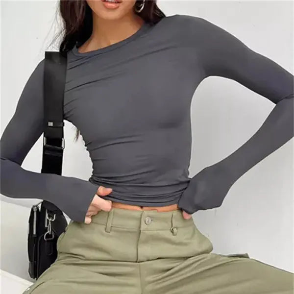 Women’s Slim Fit Long Sleeve T-Shirt - Y2K Streetwear Crop Top & Casual Spring Autumn Basic - Dark Grey / XS（old）