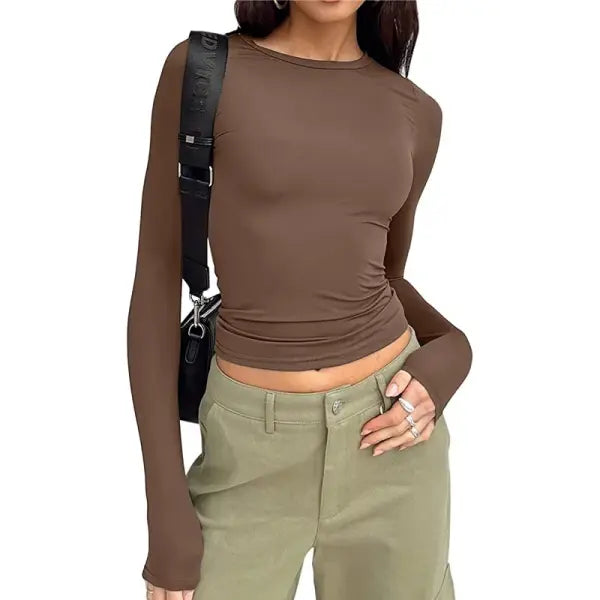 Women’s Slim Fit Long Sleeve T-Shirt - Y2K Streetwear Crop Top & Casual Spring Autumn Basic - Brown / S