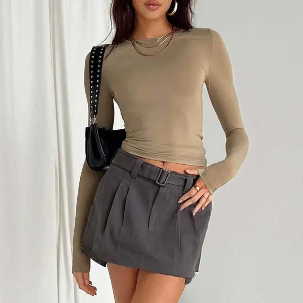 Women’s Slim Fit Long Sleeve T-Shirt - Y2K Streetwear Crop Top & Casual Spring Autumn Basic - Khaki / XL