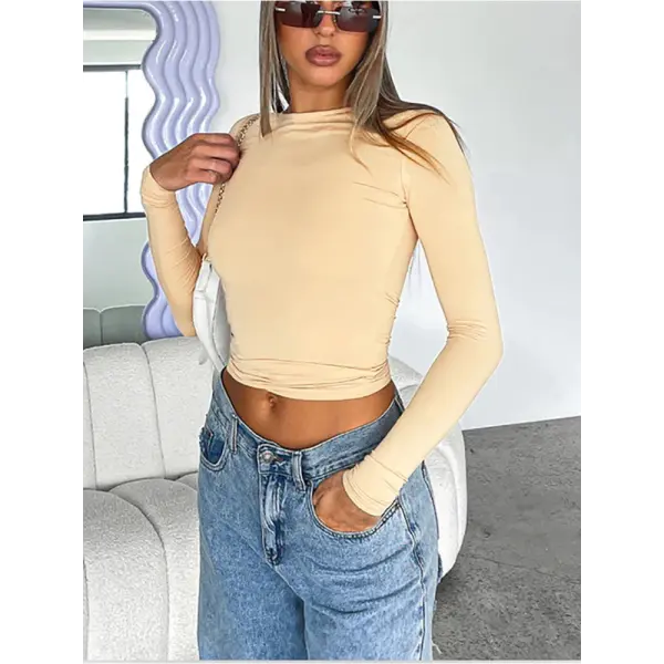 Women’s Slim Fit Long Sleeve T-Shirt - Y2K Streetwear Crop Top & Casual Spring Autumn Basic - Apricot / L