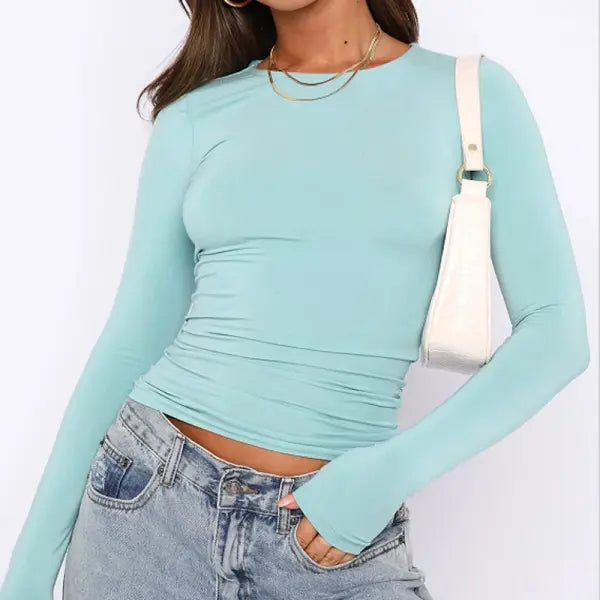 Women’s Slim Fit Long Sleeve T-Shirt - Y2K Streetwear Crop Top & Casual Spring Autumn Basic - Sky Blue / L