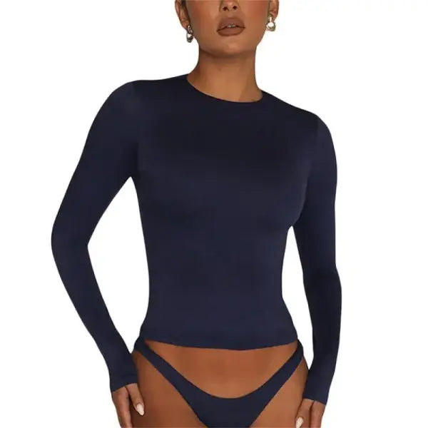 Women’s Slim Fit Long Sleeve T-Shirt - Y2K Streetwear Crop Top & Casual Spring Autumn Basic - Dark Blue / XS（old）