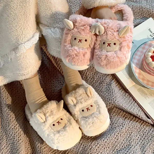Women Lovely Sheep Fluffy Slippers Men Fashion Animals Non-slip Plush Slides Lovers Soft Warm Cartoon House Shoes