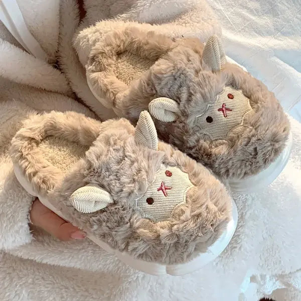 Lovely Sheep Fluffy Slippers: Unisex Non-Slip Animal Plush Slides & Warm Winter House Shoes - Coffee / 42-43