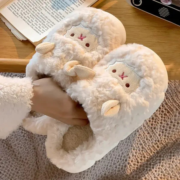 Women Lovely Sheep Fluffy Slippers Men Fashion Animals Non-slip Plush Slides Lovers Soft Warm Cartoon House Shoes