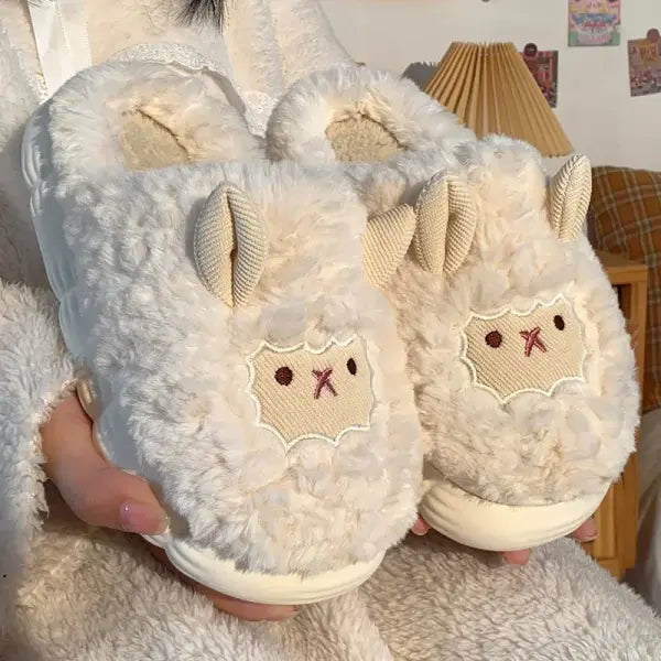 Women Lovely Sheep Fluffy Slippers Men Fashion Animals Non-slip Plush Slides Lovers Soft Warm Cartoon House Shoes