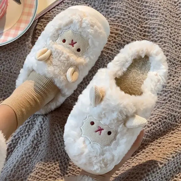 Women Lovely Sheep Fluffy Slippers Men Fashion Animals Non-slip Plush Slides Lovers Soft Warm Cartoon House Shoes