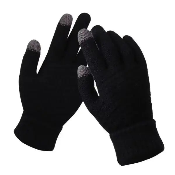 Unisex Winter Touchscreen Gloves – Warm Full-Finger Knit Wool Mittens for Outdoor Cycling & Driving - BLACK