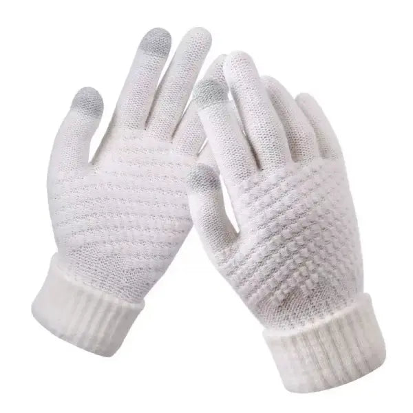 Unisex Winter Touchscreen Gloves – Warm Full-Finger Knit Wool Mittens for Outdoor Cycling & Driving - WHITE