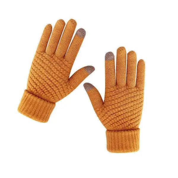 Unisex Winter Touchscreen Gloves – Warm Full-Finger Knit Wool Mittens for Outdoor Cycling & Driving - ORANGE