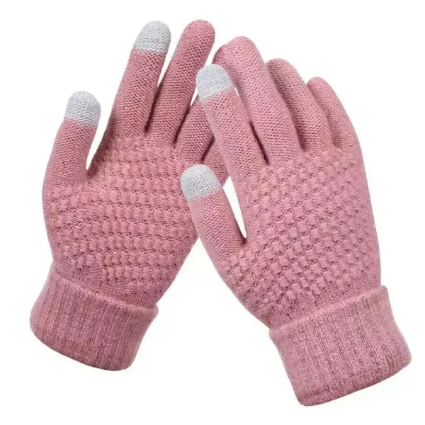 Unisex Winter Touchscreen Gloves – Warm Full-Finger Knit Wool Mittens for Outdoor Cycling & Driving - PINK