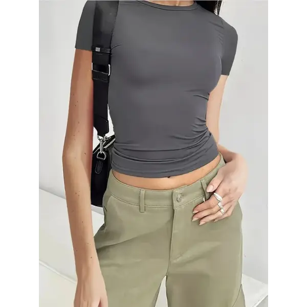 Slight strech fabric slim fit women crop top t-shirt - GRAY / L