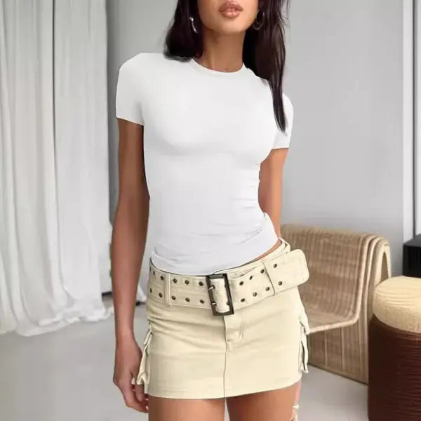 Slight strech fabric slim fit women crop top t-shirt - WHITE / L