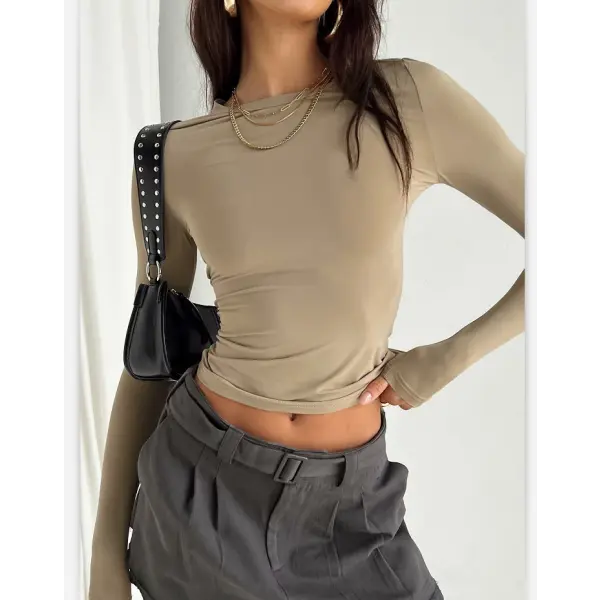 Slight strech fabric slim fit women crop top t-shirt - Khaki 1 / L