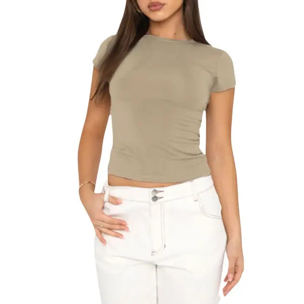 Slight strech fabric slim fit women crop top t-shirt - Khaki / L