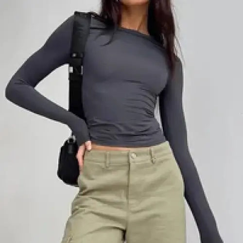 Slight strech fabric slim fit women crop top t-shirt - Grey / L