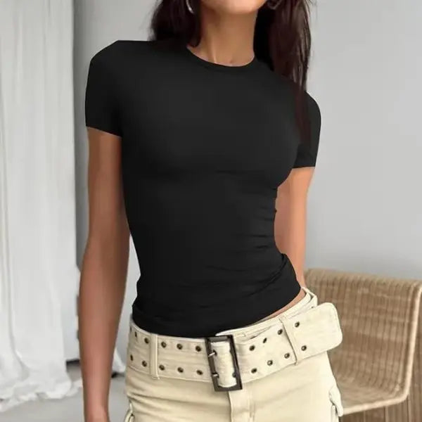 Slight strech fabric slim fit women crop top t-shirt - black / L