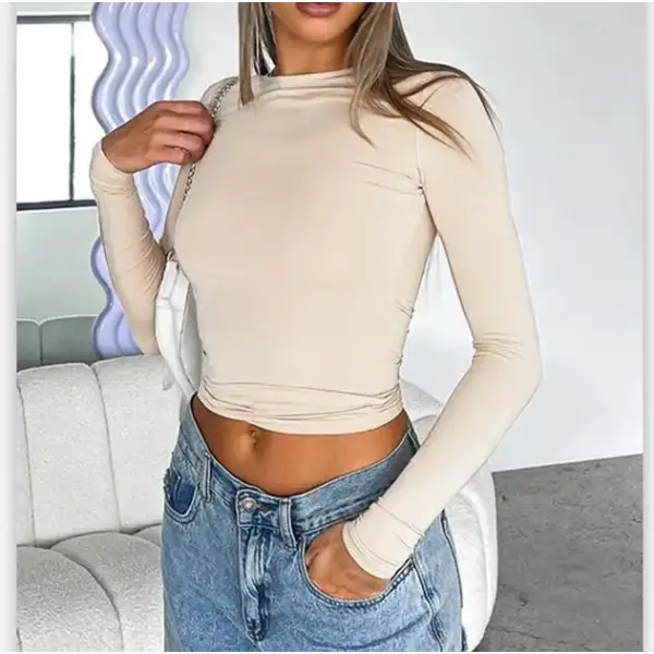 Slight strech fabric slim fit women crop top t-shirt - Skin / L