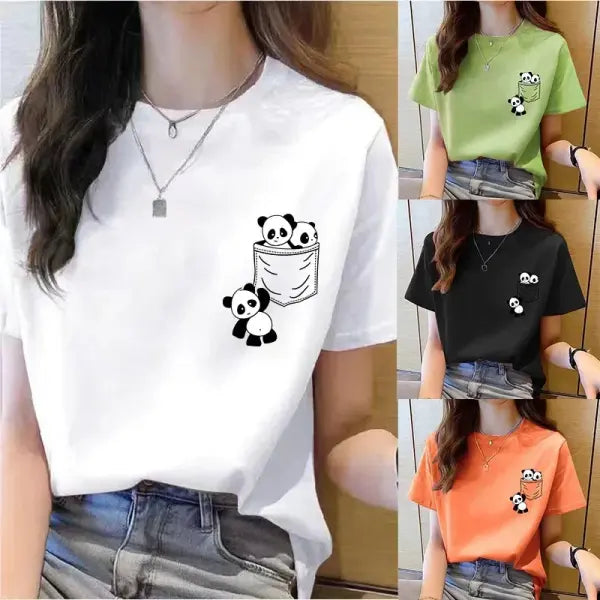 Pocket panda cartoon t-shirt with tatting decoration and appliques