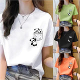 Pocket panda cartoon t-shirt with tatting decoration and appliques
