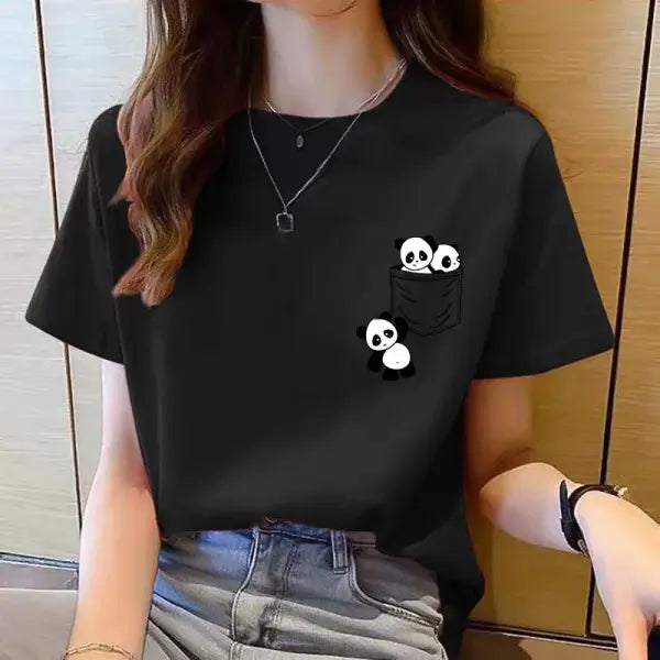 Pocket panda cartoon t-shirt with tatting decoration and appliques