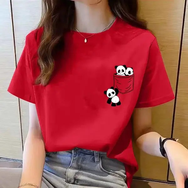 Pocket panda cartoon t-shirt with tatting decoration and appliques - H504-red / XL