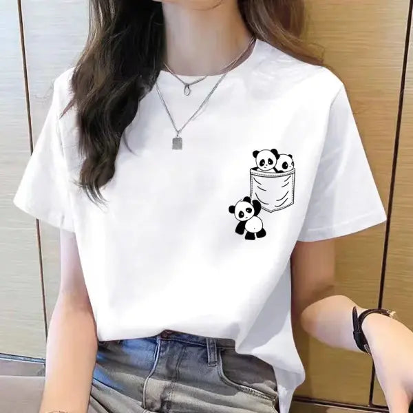 Pocket panda cartoon t-shirt with tatting decoration and appliques - H504-White / XS