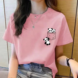 Pocket panda cartoon t-shirt with tatting decoration and appliques