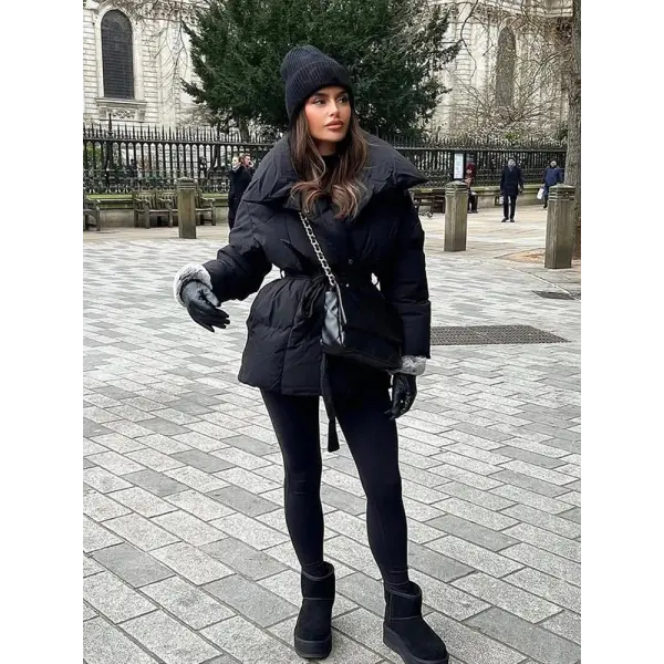 Women’s Solid Cotton Lace-Up Coat – Warm Lapel Short Jacket with Pockets for Winter Streetwear