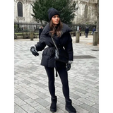 Women’s Solid Cotton Lace-Up Coat – Warm Lapel Short Jacket with Pockets for Winter Streetwear