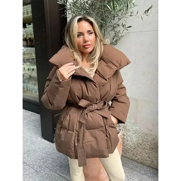 Women’s Solid Cotton Lace-Up Coat – Warm Lapel Short Jacket with Pockets for Winter Streetwear - 01 brown / M
