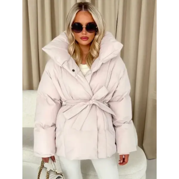 Women’s Solid Cotton Lace-Up Coat – Warm Lapel Short Jacket with Pockets for Winter Streetwear