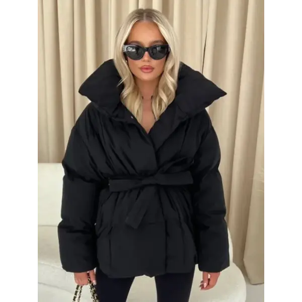 Women’s Solid Cotton Lace-Up Coat – Warm Lapel Short Jacket with Pockets for Winter Streetwear