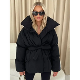 Women’s Solid Cotton Lace-Up Coat – Warm Lapel Short Jacket with Pockets for Winter Streetwear