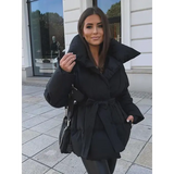 Women’s Solid Cotton Lace-Up Coat – Warm Lapel Short Jacket with Pockets for Winter Streetwear