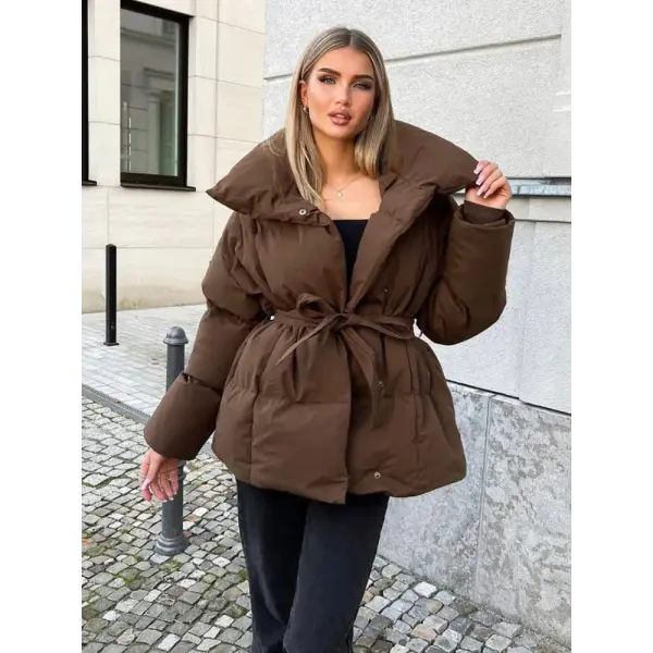 Women’s Solid Cotton Lace-Up Coat – Warm Lapel Short Jacket with Pockets for Winter Streetwear