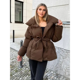 Women’s Solid Cotton Lace-Up Coat – Warm Lapel Short Jacket with Pockets for Winter Streetwear