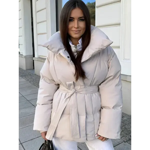 Women’s Solid Cotton Lace-Up Coat – Warm Lapel Short Jacket with Pockets for Winter Streetwear - 01 white / M