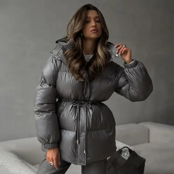 Women’s Solid Cotton Lace-Up Coat – Warm Lapel Short Jacket with Pockets for Winter Streetwear - 03 grey / M